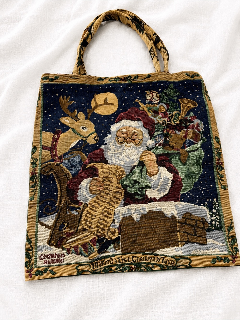 Santa Tapestry Tote Bag in Navy, Red, Green